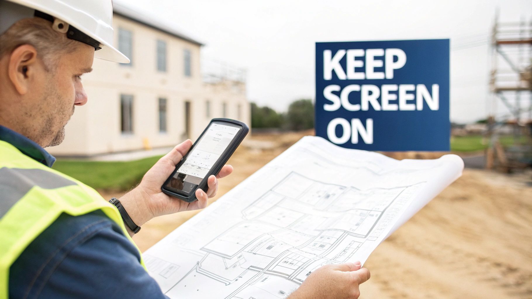 A construction worker reviews blueprints and a smartphone at a building site.