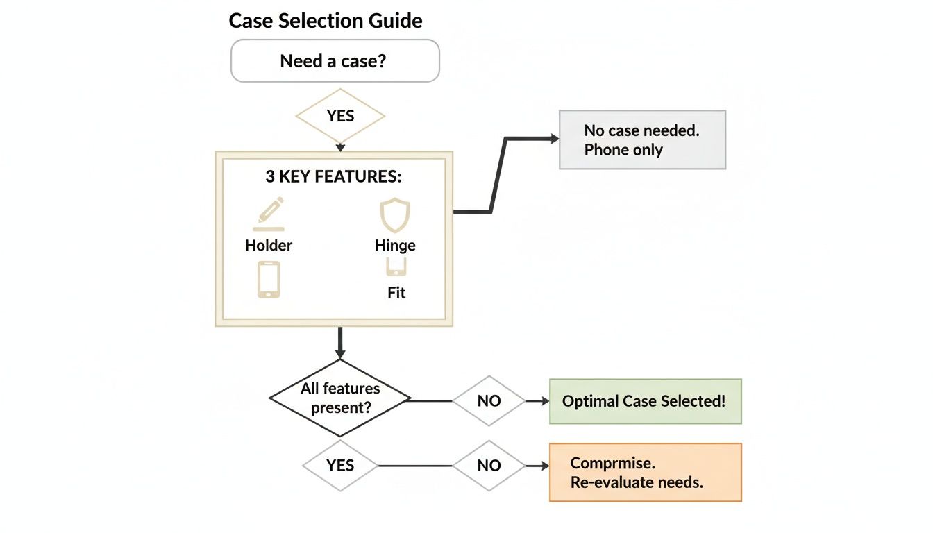 Flowchart for case selection, detailing features like holder, hinge, and fit, leading to optimal case or re-evaluation.