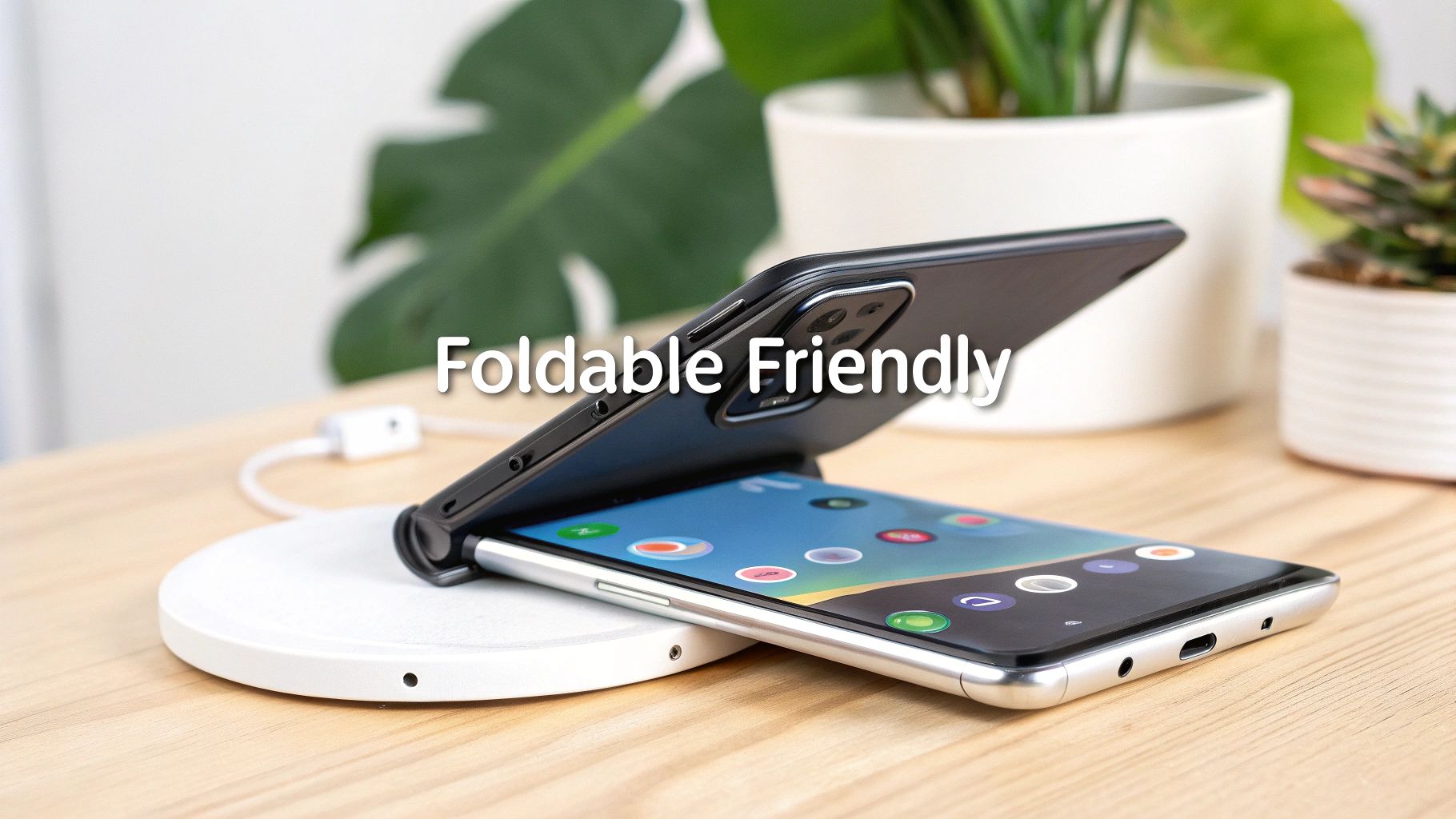A black foldable phone rests on a white wireless charger, displaying app icons, with "Foldable Friendly" text.