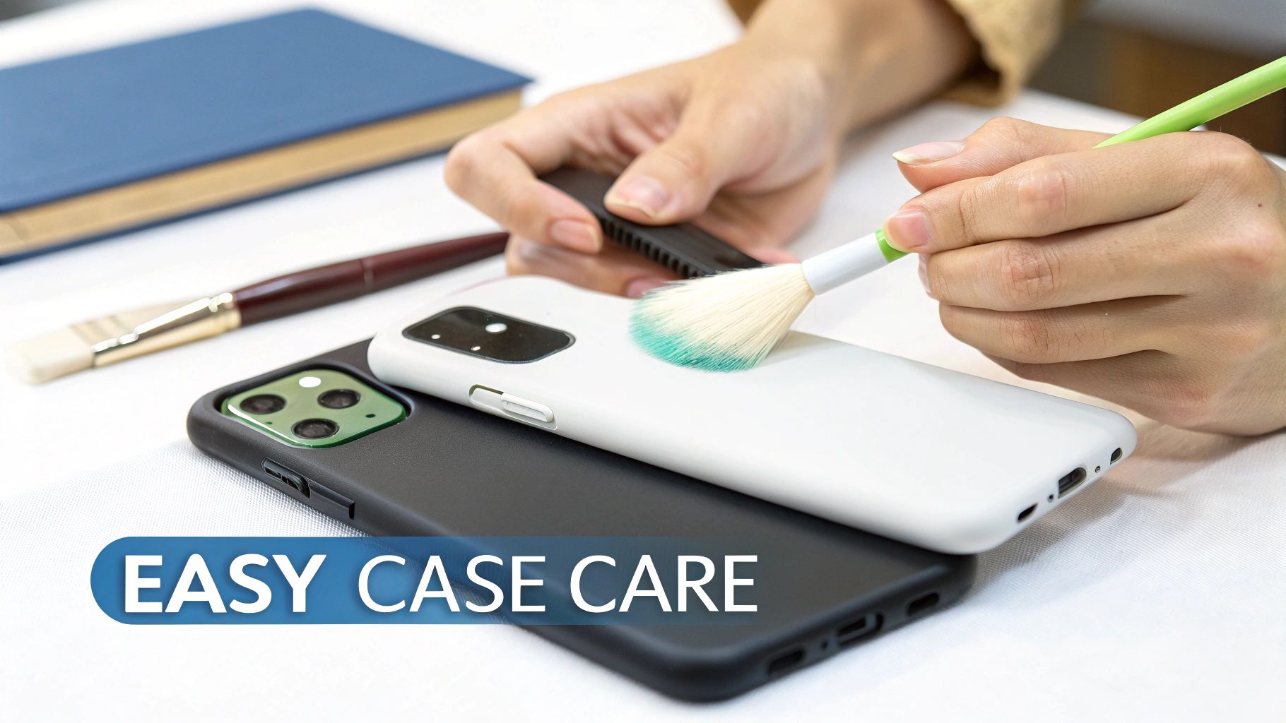 A person uses a soft brush to clean a white smartphone case, with a black case underneath.