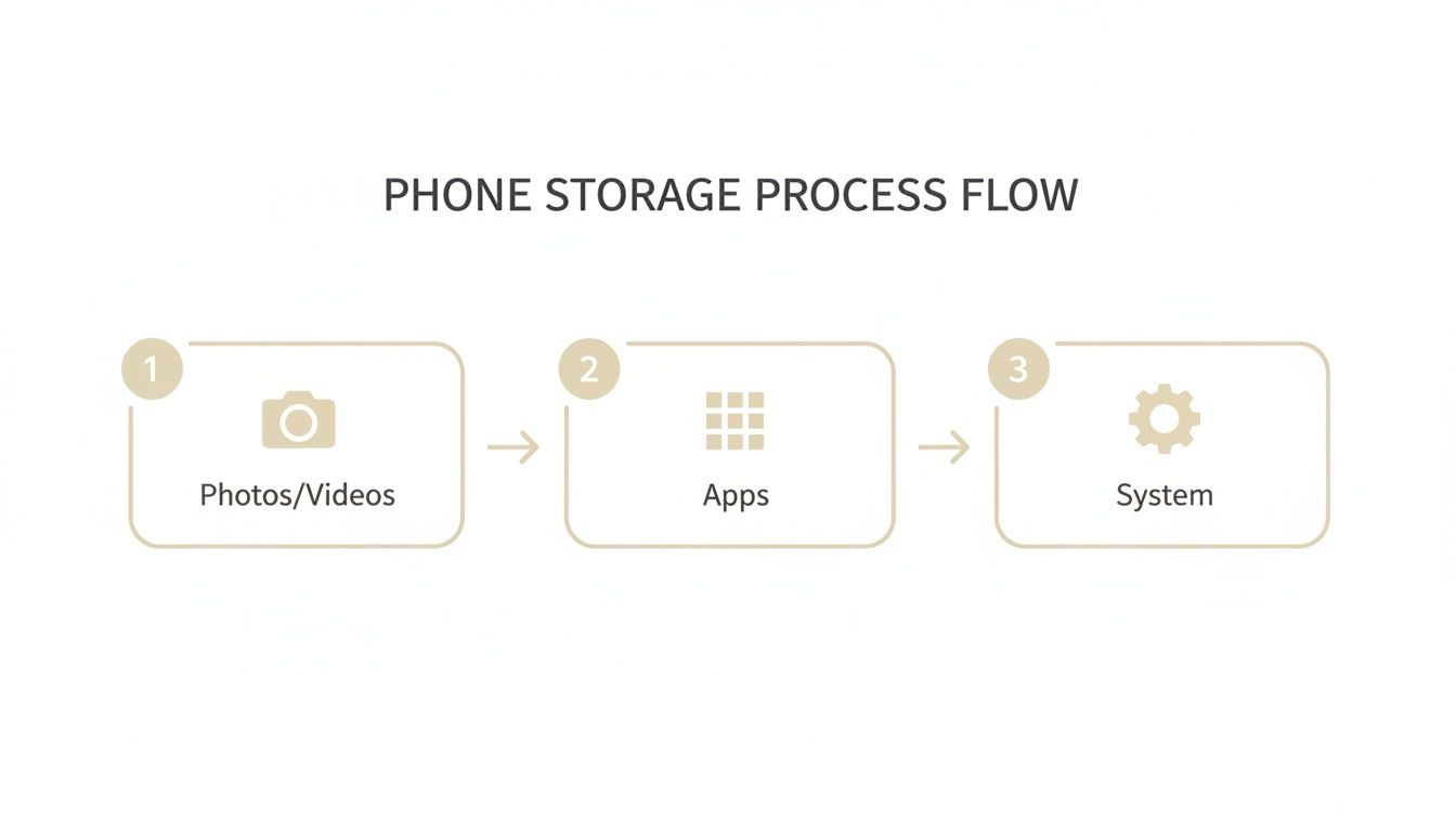 A flow chart illustrating the phone storage process showing categories: Photos/Videos, Apps, and System.