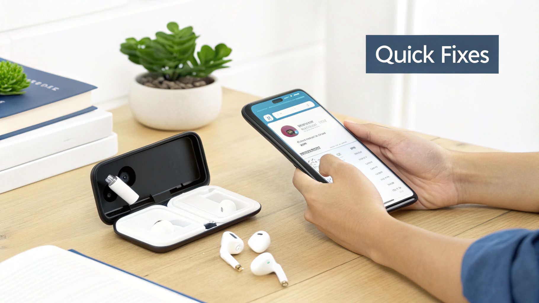 A person holds a smartphone, next to earbuds and an open cleaning kit on a wooden desk.