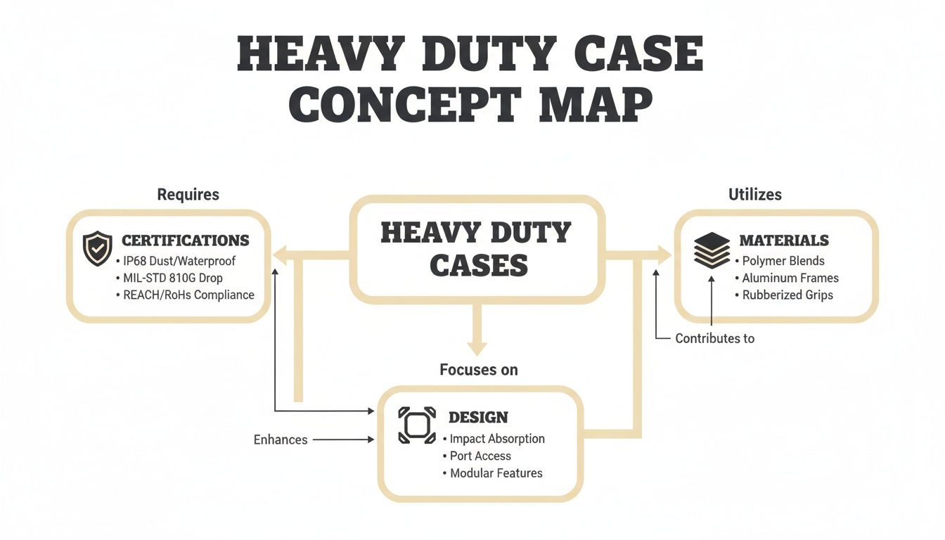 A concept map illustrating requirements, materials, and design features for heavy-duty cases.