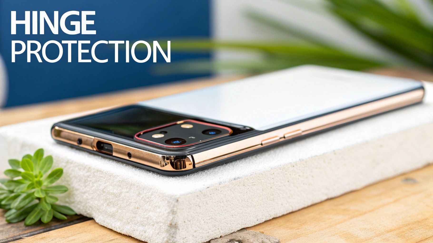 Close-up of a black and gold foldable phone case with hinge protection, resting on a white surface.