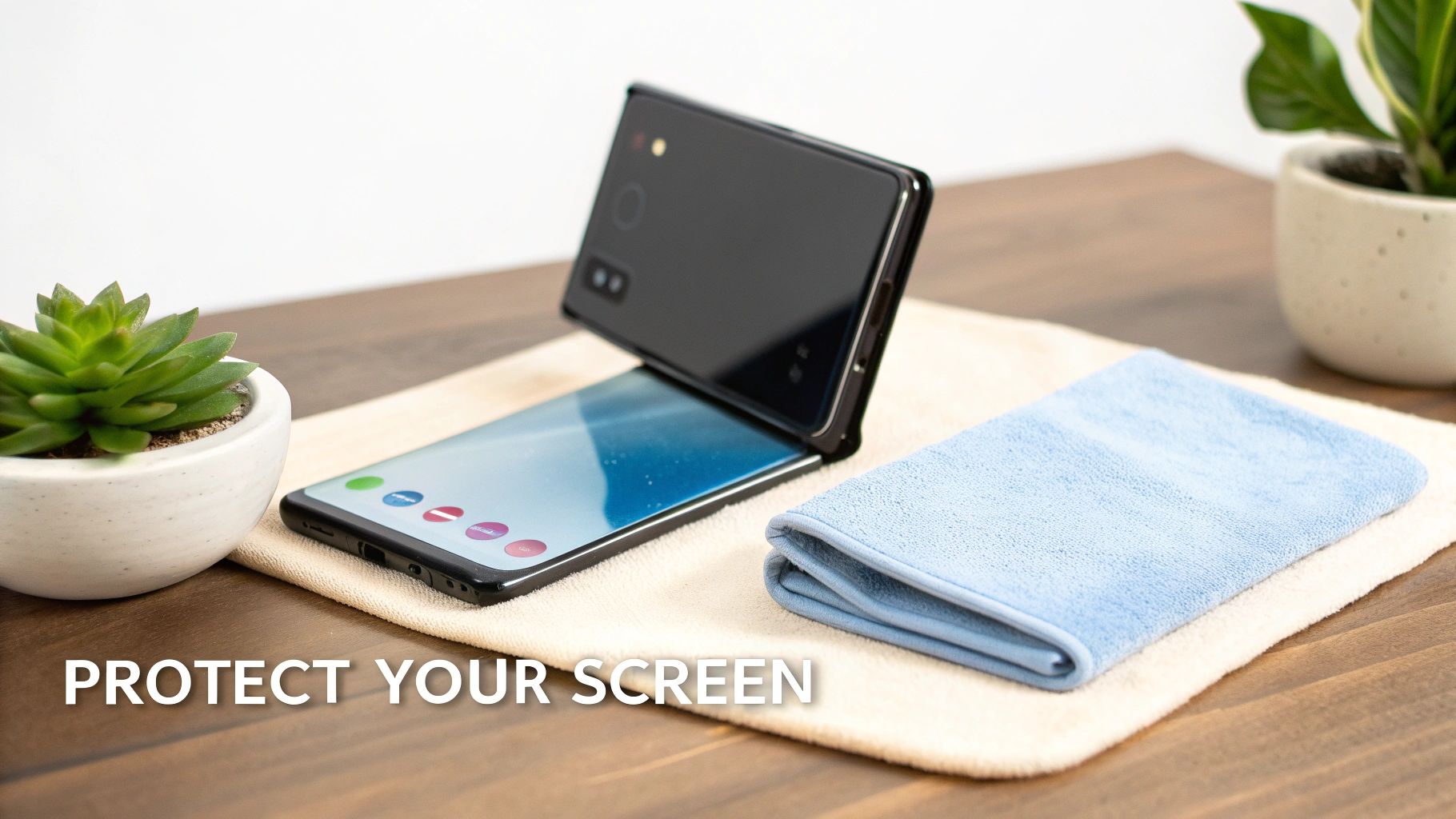 A black foldable phone, succulent, and microfiber cloths sit on a wooden table, emphasizing screen protection.