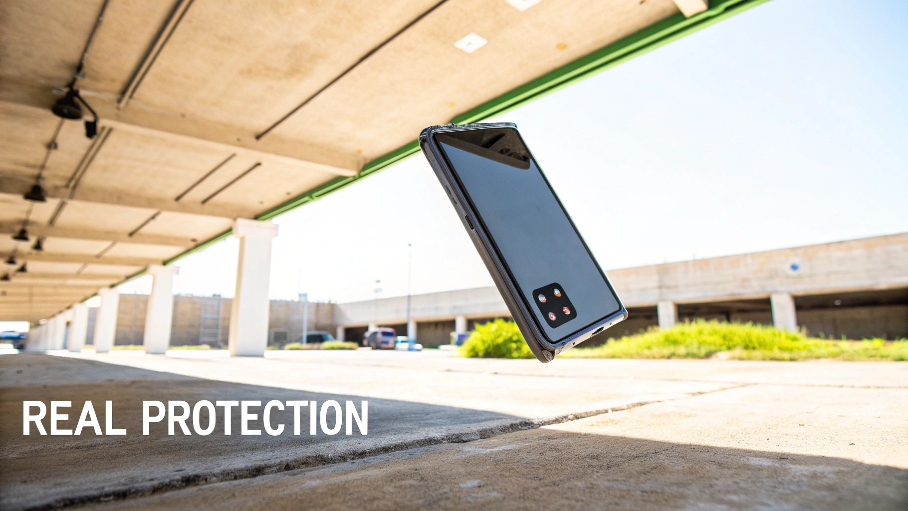 A black smartphone in a protective case appears to be falling or floating outdoors under an overpass, showing real protection.