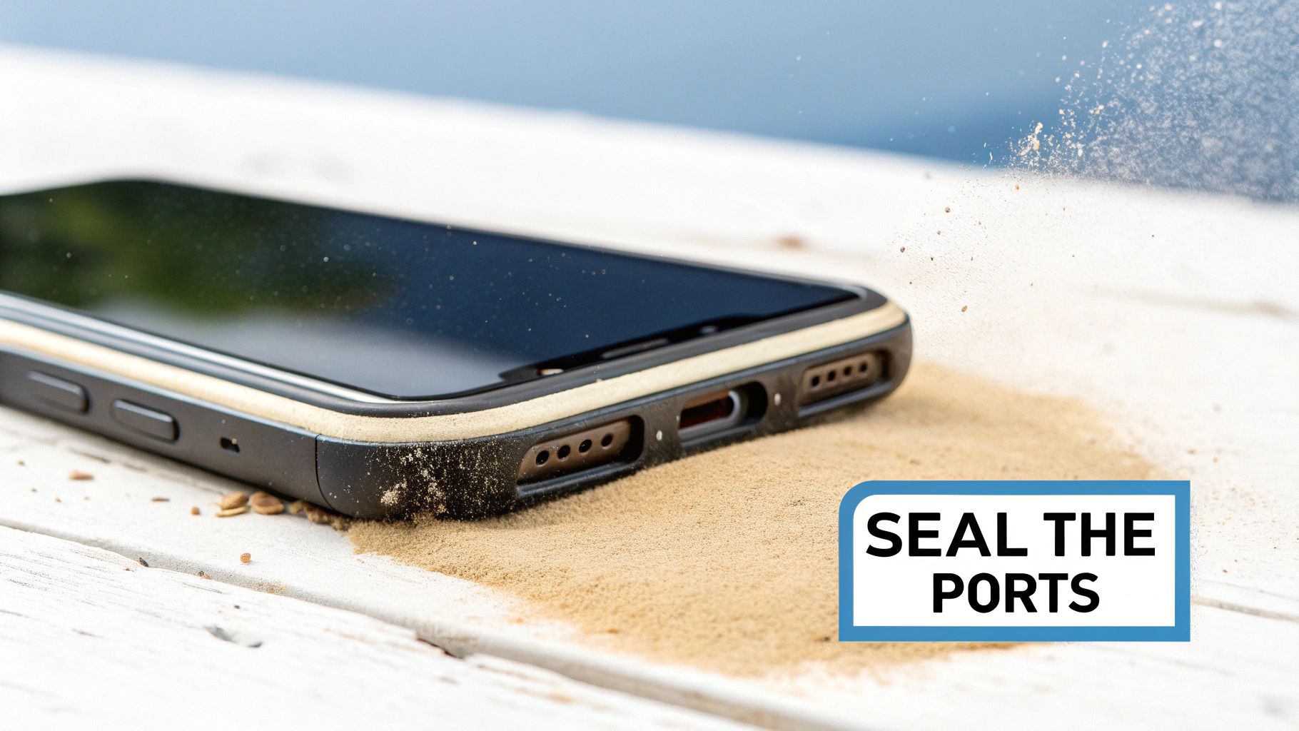 Close-up of a smartphone lying on a sandy white surface, its exposed ports filled with sand.