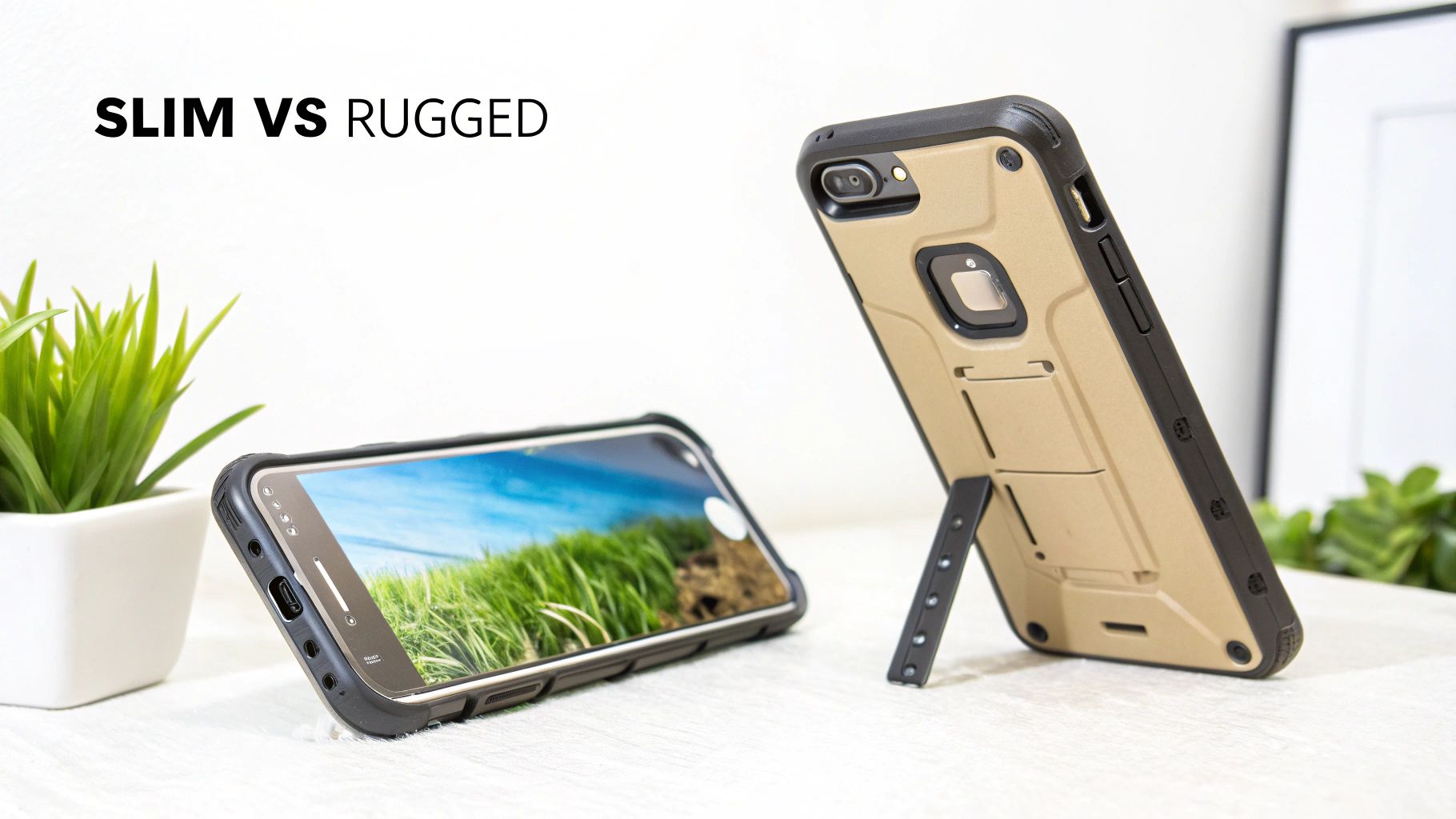 Two phone cases: a slim black one lying flat and a rugged tan one standing with a kickstand.