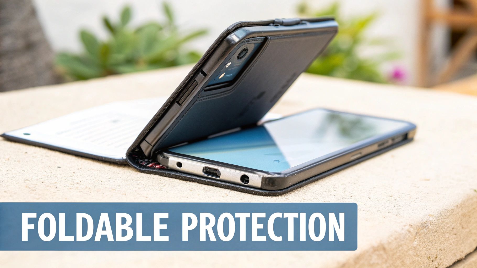 A black smartphone in a folio case acting as a stand on a sandy surface.