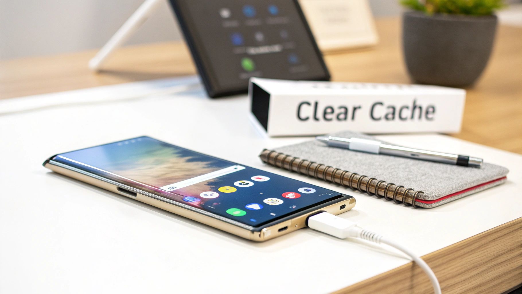 Modern gold smartphone charging on a white desk, with a notebook and "Clear Cache" sign.