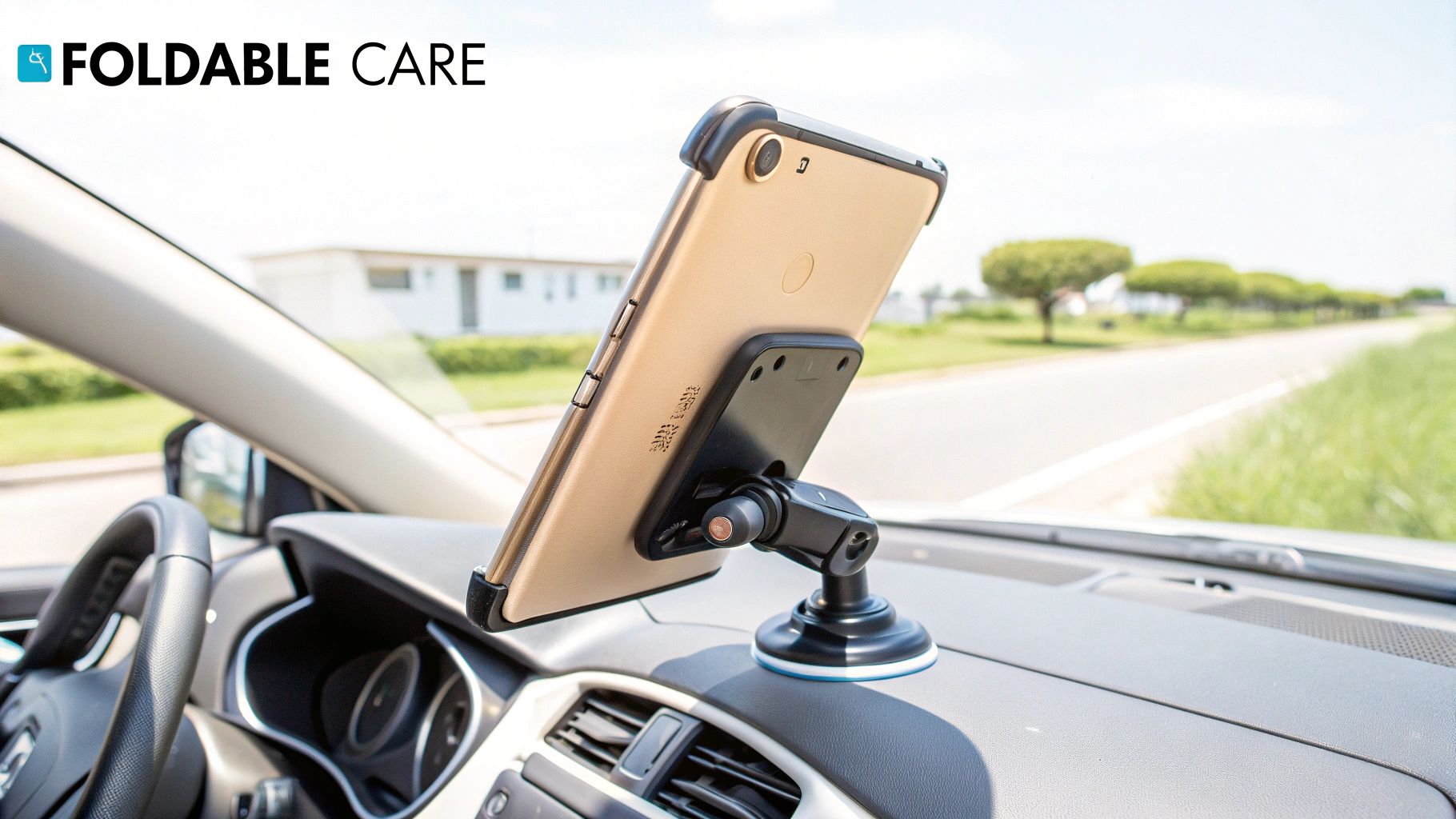 A gold smartphone securely mounted on a black car dashboard holder, with a road view and blue sky.