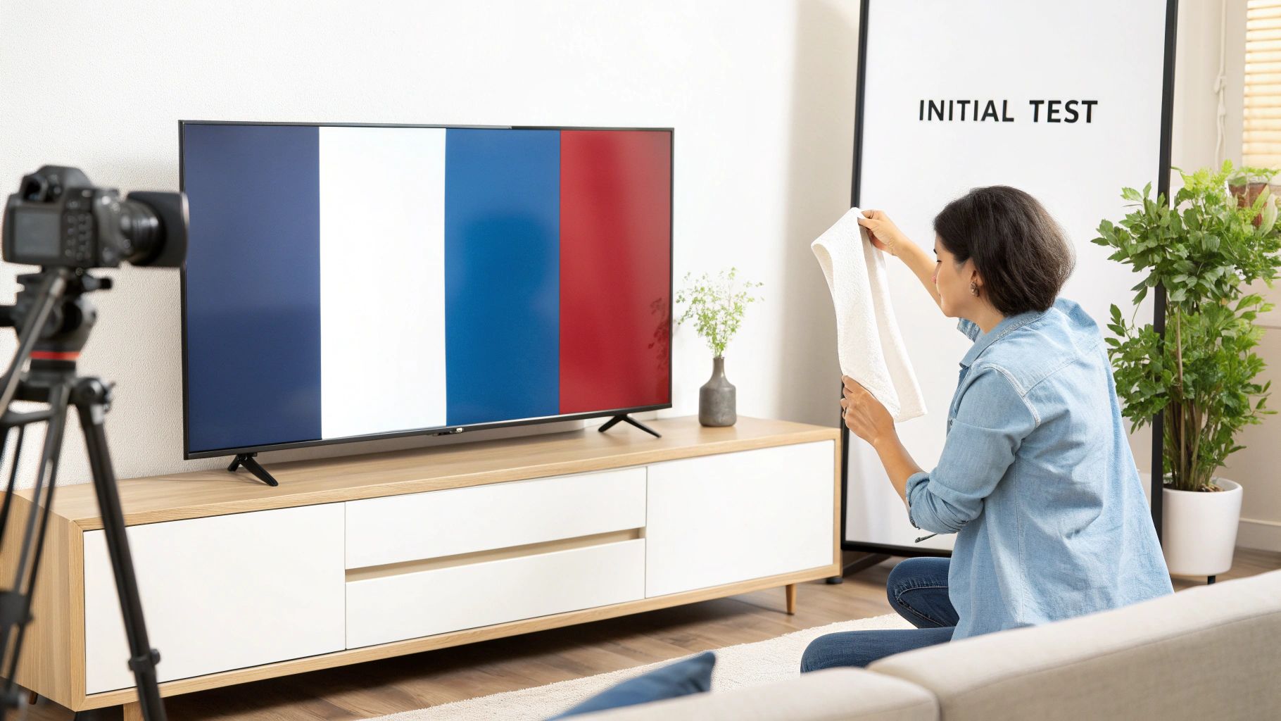Woman inspecting a TV with color test pattern during an initial quality test, filmed by a camera.