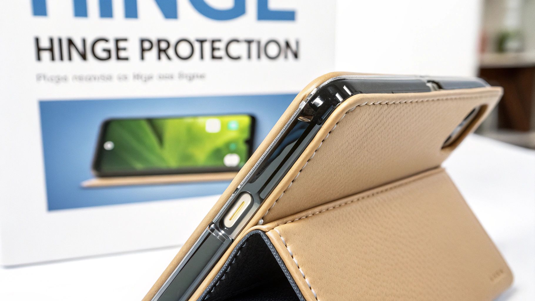 A beige leather phone case with a clear bumper shows a phone's side and 'Hinge Protection'.