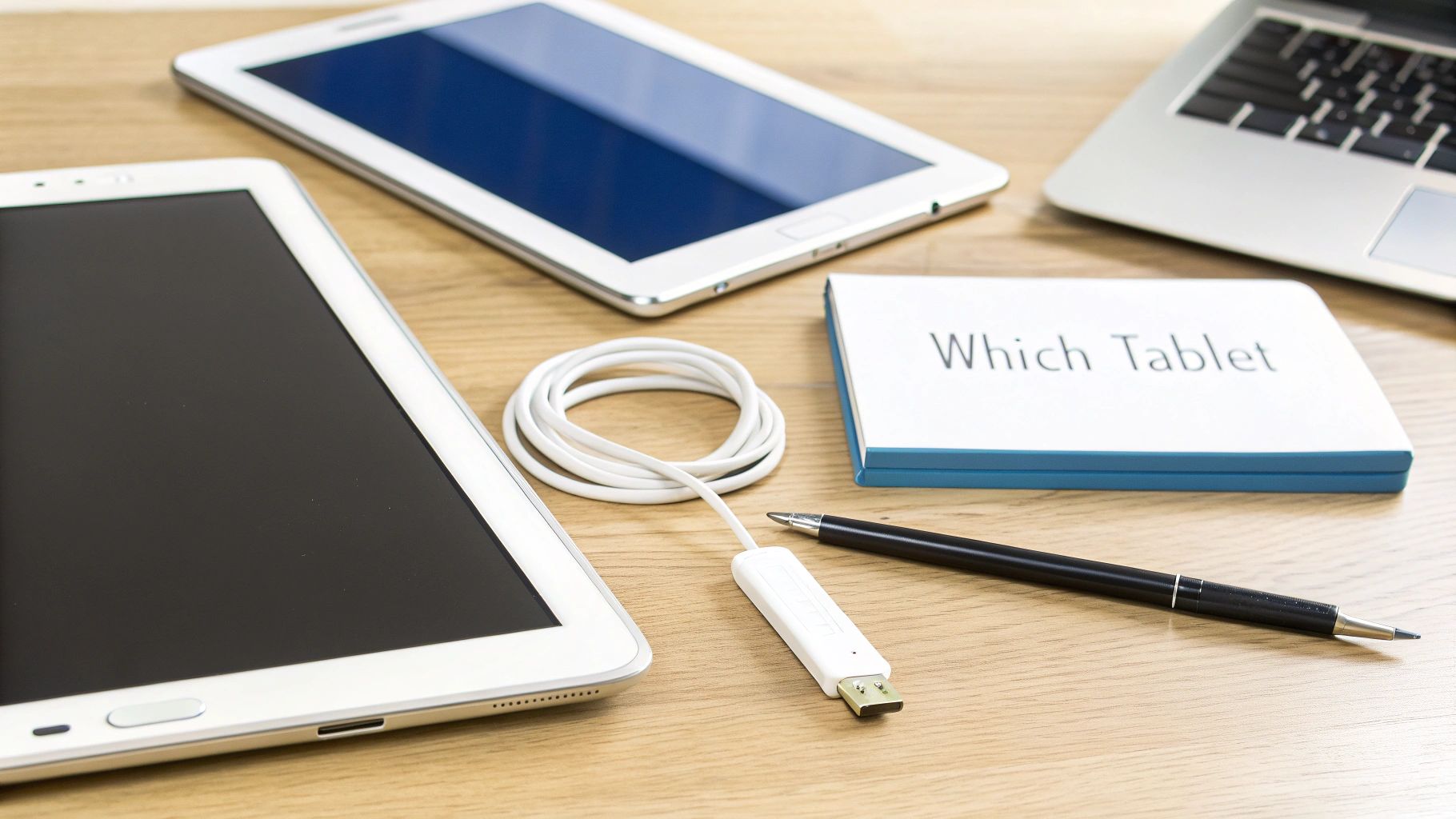 A wooden desk with two white tablets, a laptop, cable, pen, and 'Which Tablet' book.