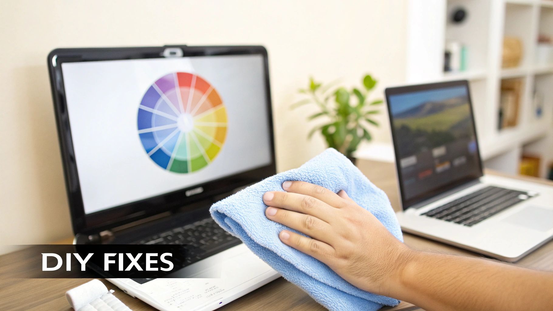 A hand cleans a laptop keyboard with a blue microfiber cloth, with a color wheel displayed on the screen.