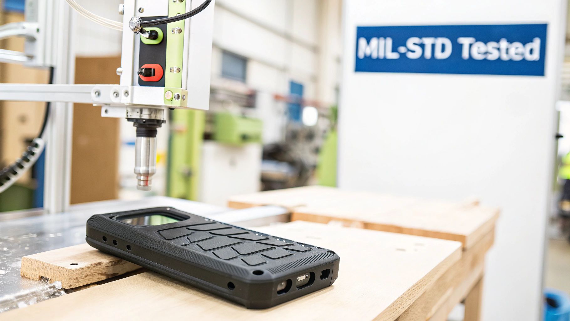 A rugged black phone case on wood, with industrial machinery and a 'MIL-STD Tested' sign in a factory.