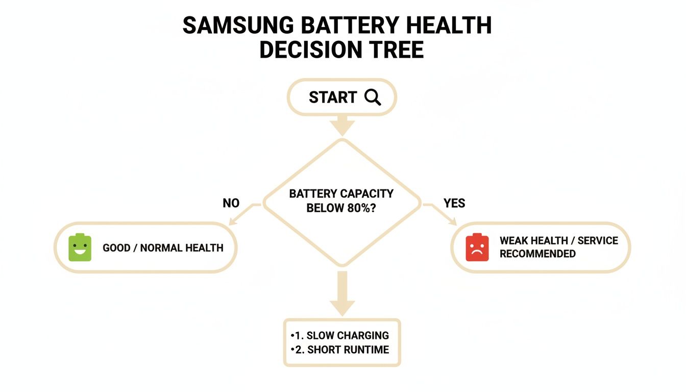 A Samsung battery health decision tree flowchart, guiding users to check battery capacity below 80% for service.