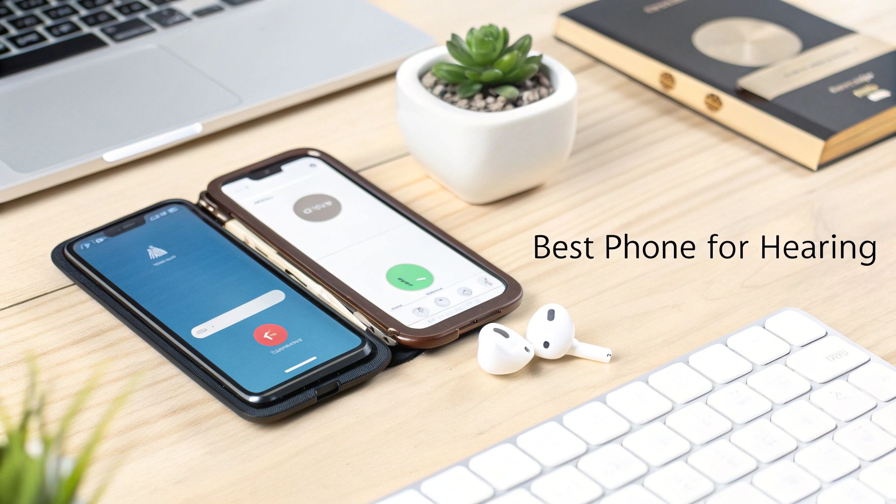 Two smartphones, one with a blue screen, resting on a wooden desk with wireless earbuds and a laptop.