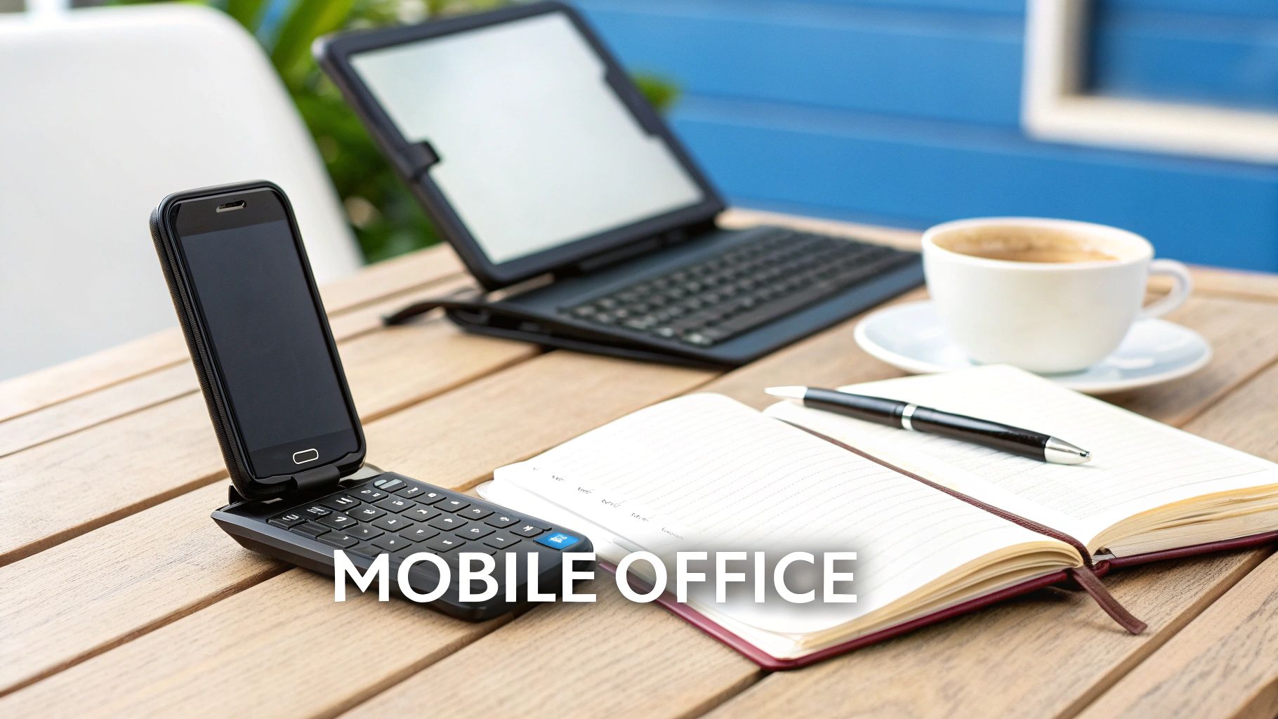 A flip phone, tablet with a keyboard, notebook, pen, and coffee cup on a wooden table, representing a mobile office.