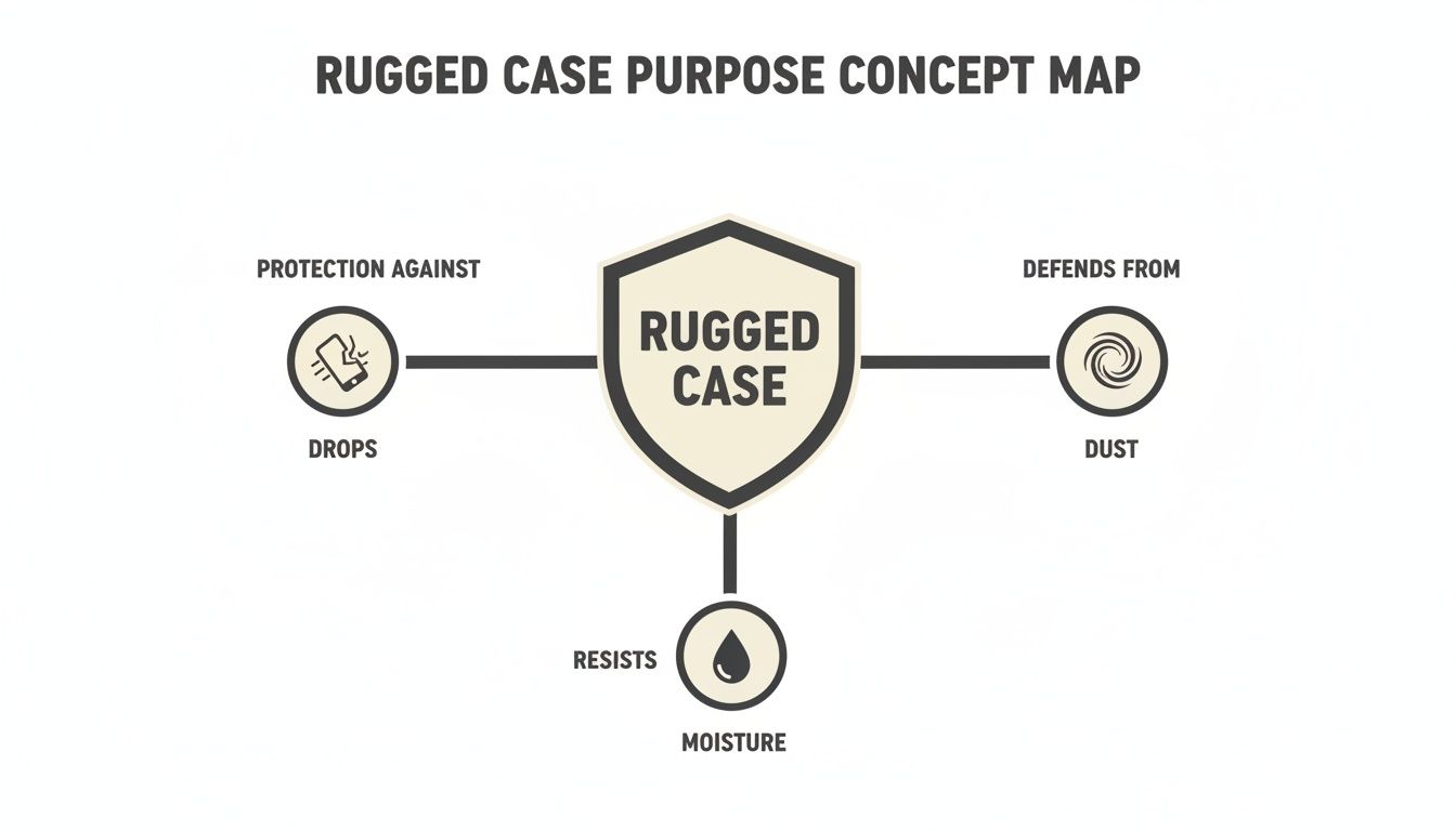 A concept map illustrating the purpose of a rugged case, showing protection against drops, dust, and moisture.