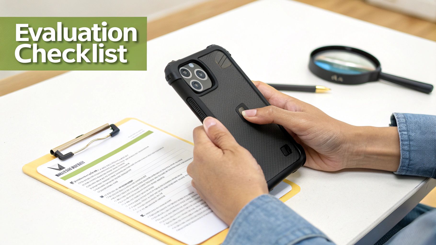 Person holding a rugged black smartphone next to an evaluation checklist on a white table.