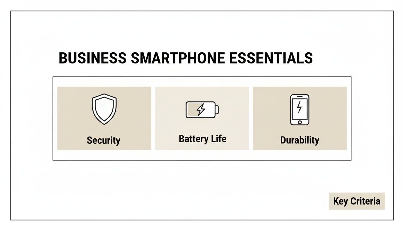 An infographic showing business smartphone essentials: security, battery life, and durability as key criteria.