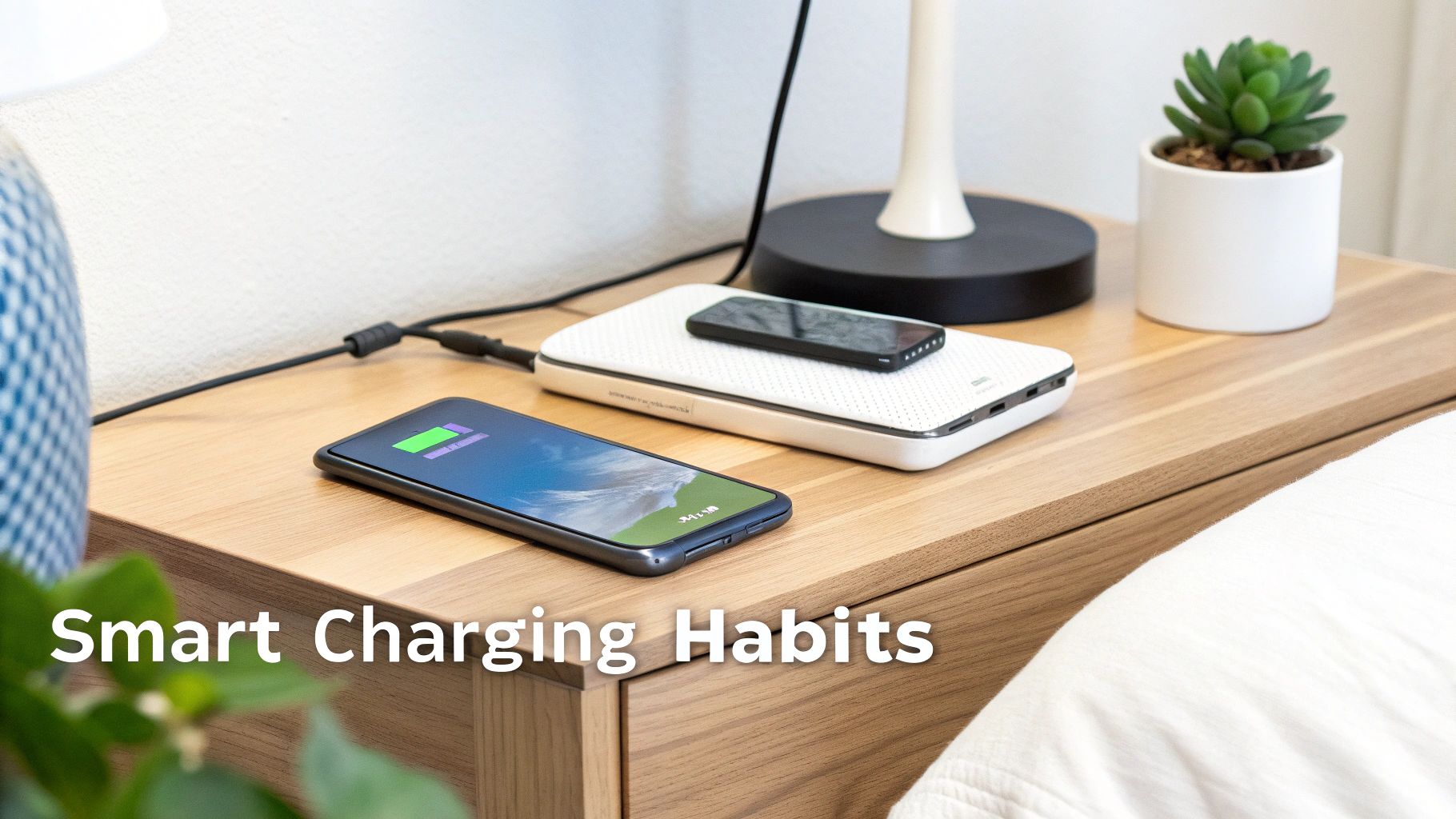 Two smartphones charging on a wooden nightstand with a wireless pad, next to a lamp and a small plant.
