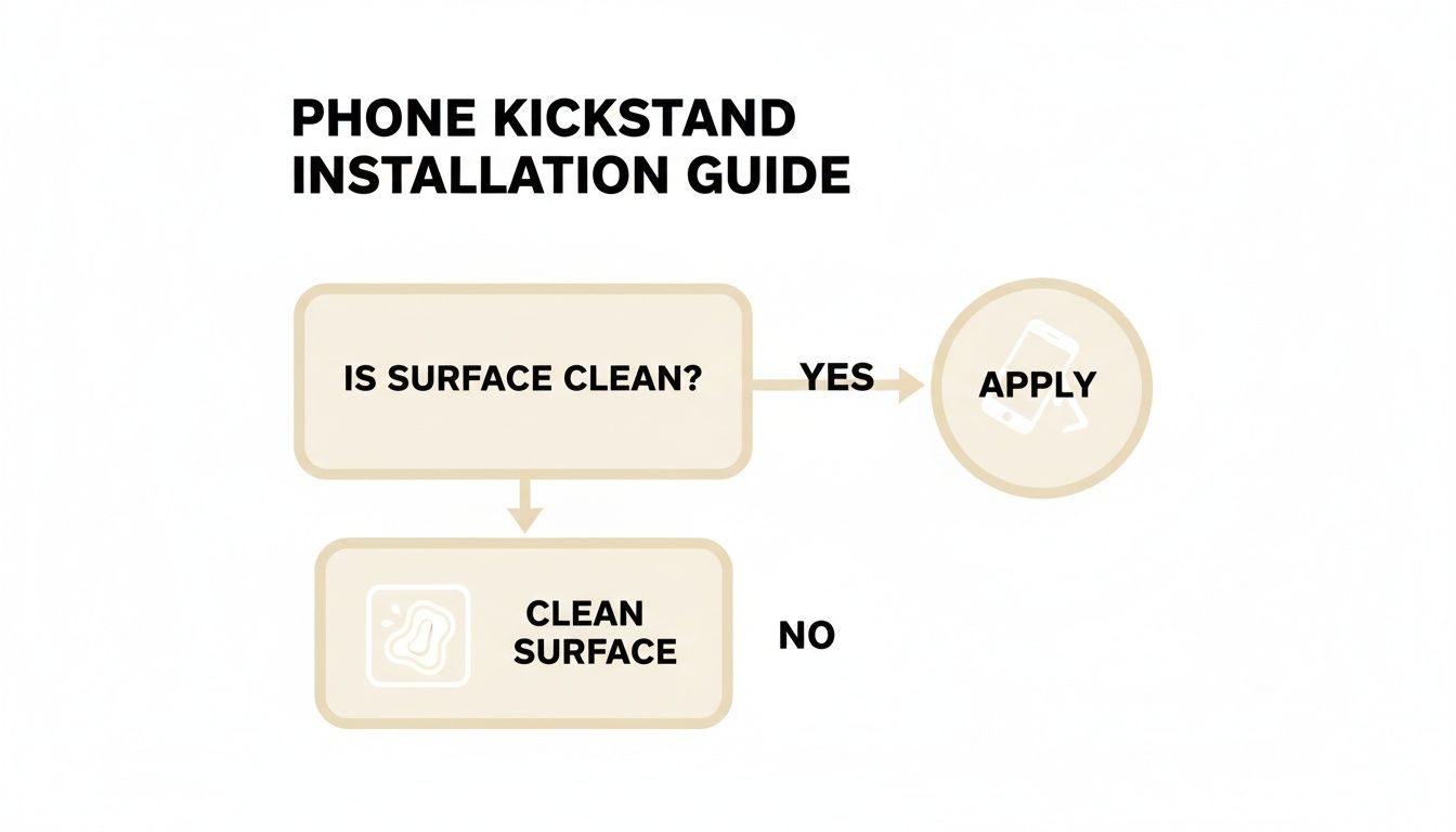 A simple flowchart guides phone kickstand installation: check for clean surface, then apply or clean.