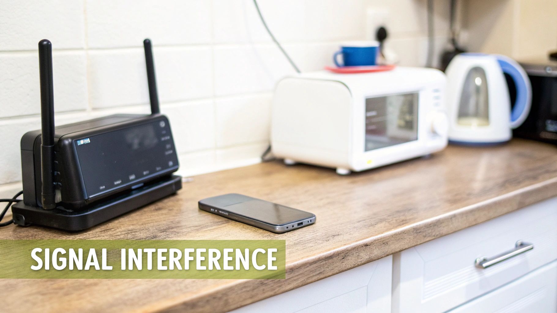 A black router with antennas and a smartphone on a kitchen counter near a toaster and kettle.