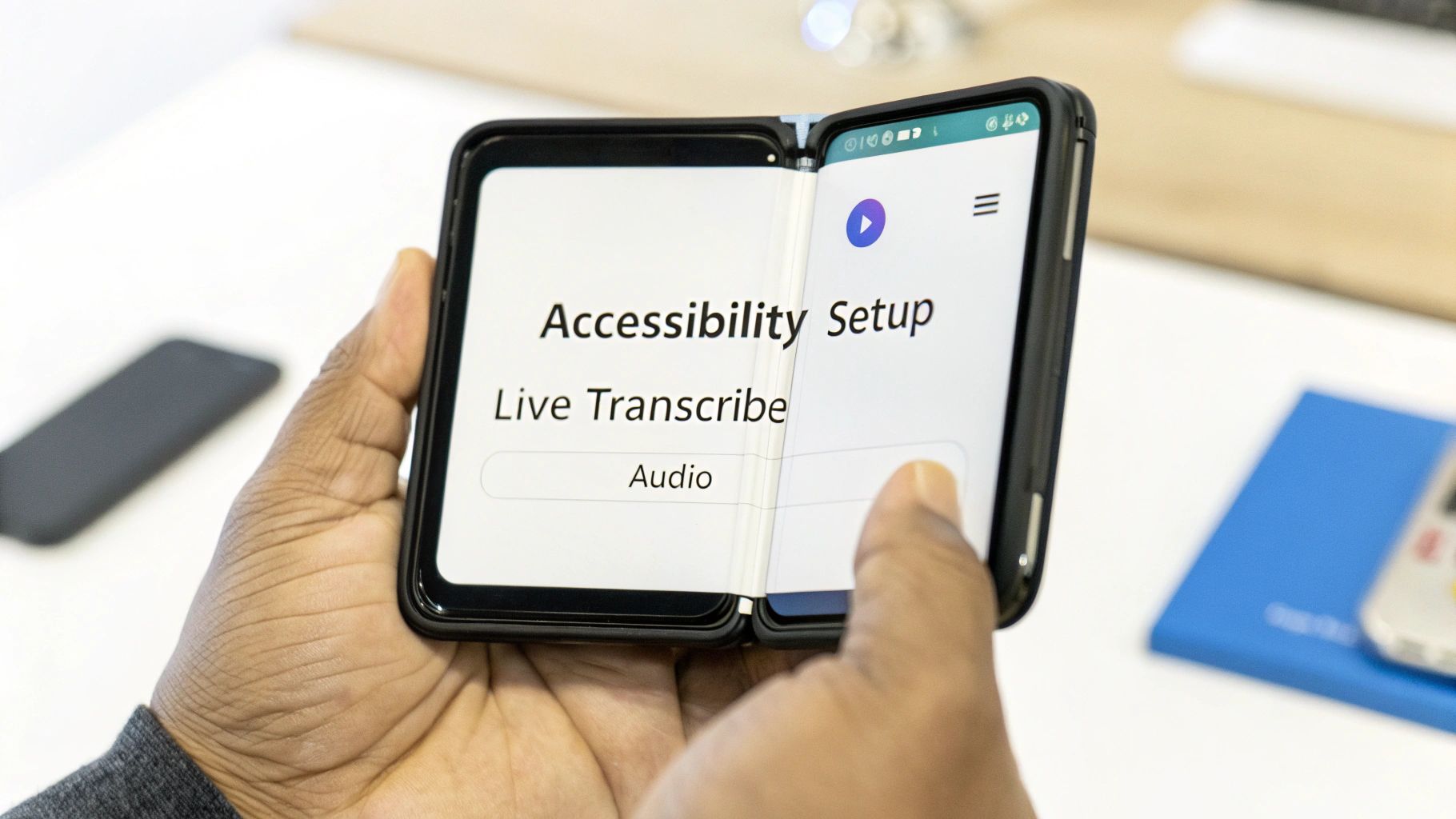 A person holds a foldable phone displaying 'Accessibility Setup' and 'Live Transcribe' on its dual screens.
