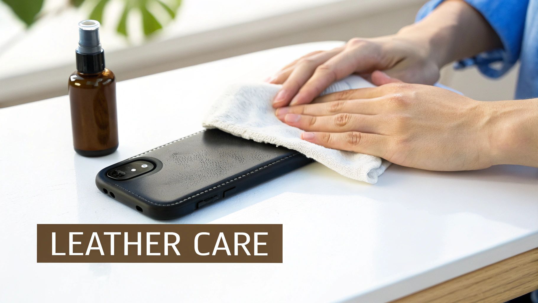 Hands cleaning a black leather phone case with a white cloth and spray, emphasizing leather care.