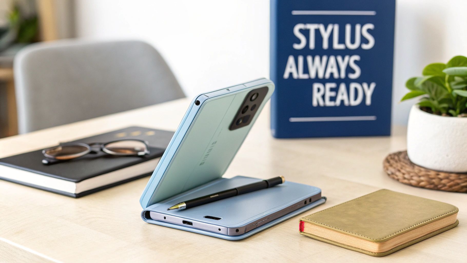 A light blue smartphone in a pen holder folio case, with a pen, on a desk with notebooks.