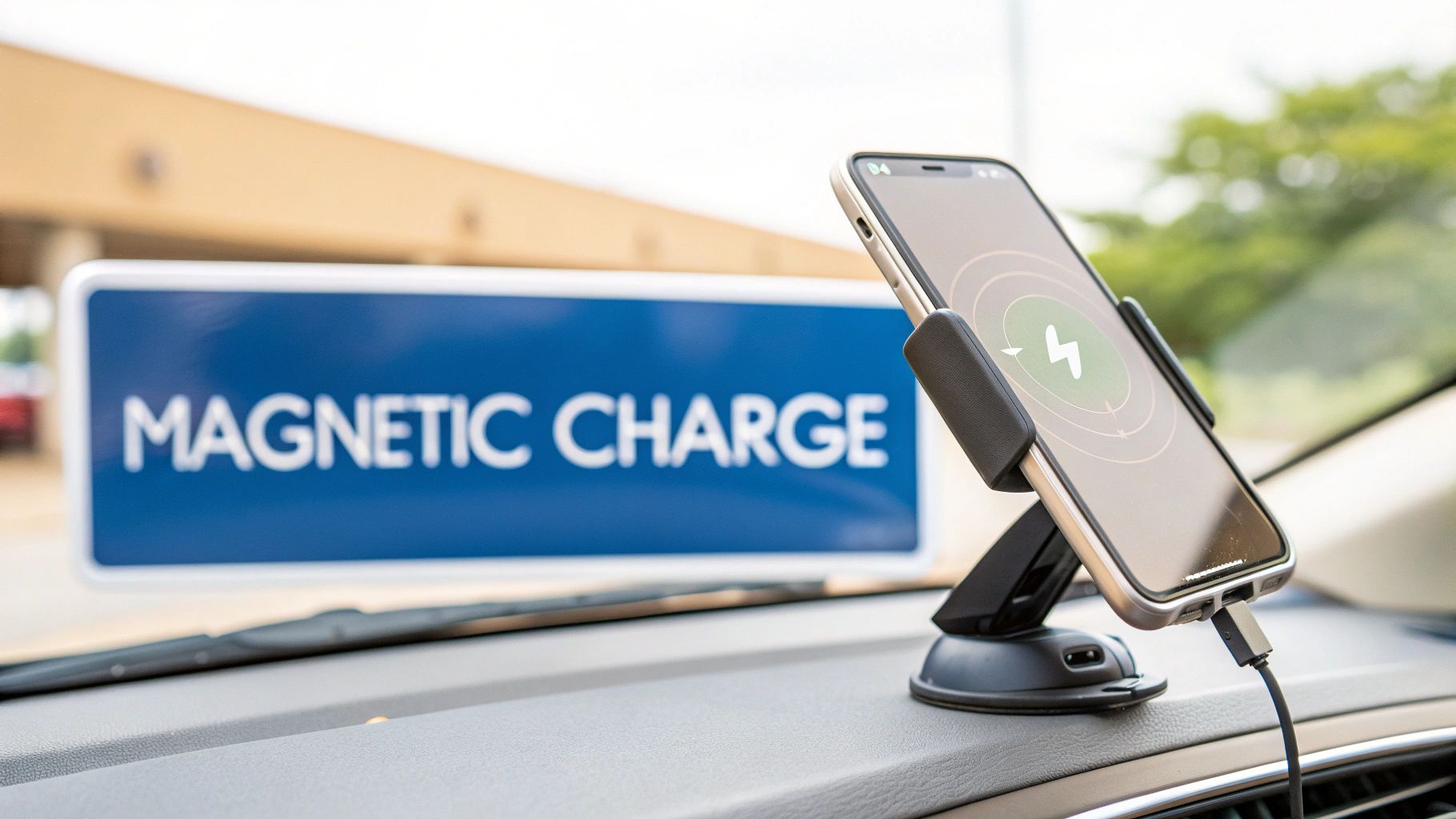 A smartphone is magnetically charging in a car mount on a dashboard with a 'MAGNETIC CHARGE' sign in the background.
