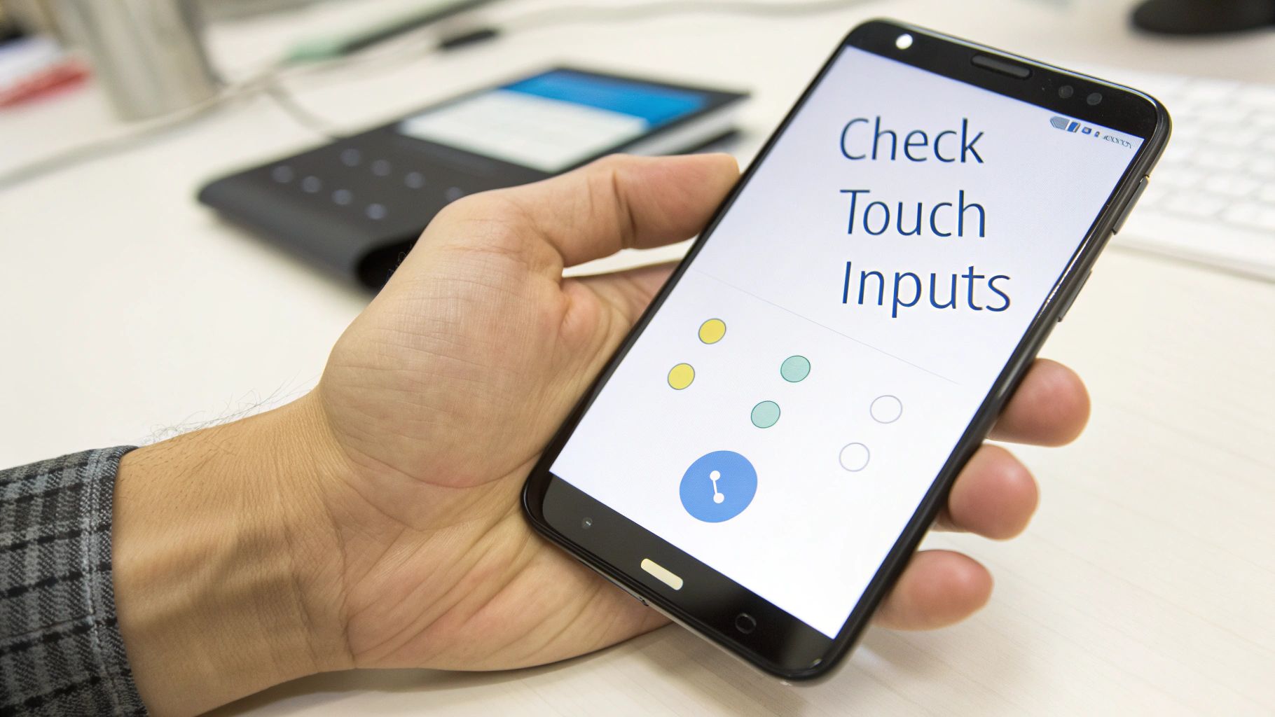 A hand holds a smartphone displaying 'Check Touch Inputs' and colorful circles on its screen.