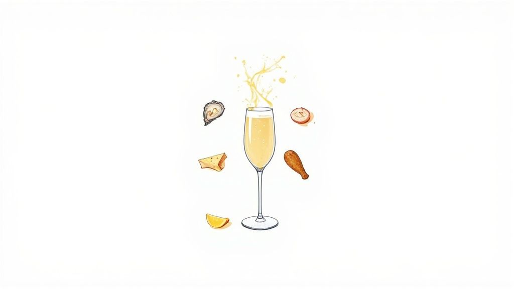 Champagne flute with sparkling wine surrounded by gourmet food pairings including oyster, cheese, and lemon