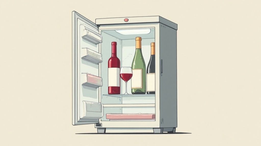A bottle of red wine and a bottle of white wine side-by-side inside a refrigerator.