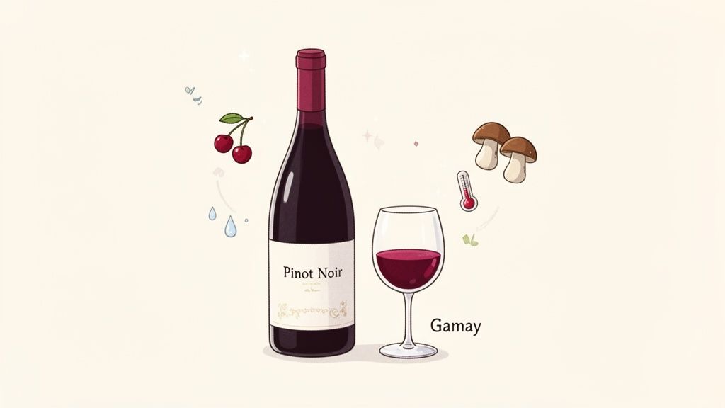 An illustration showing a Pinot Noir wine bottle, a Gamay wine glass, cherries, mushrooms, and a thermometer.