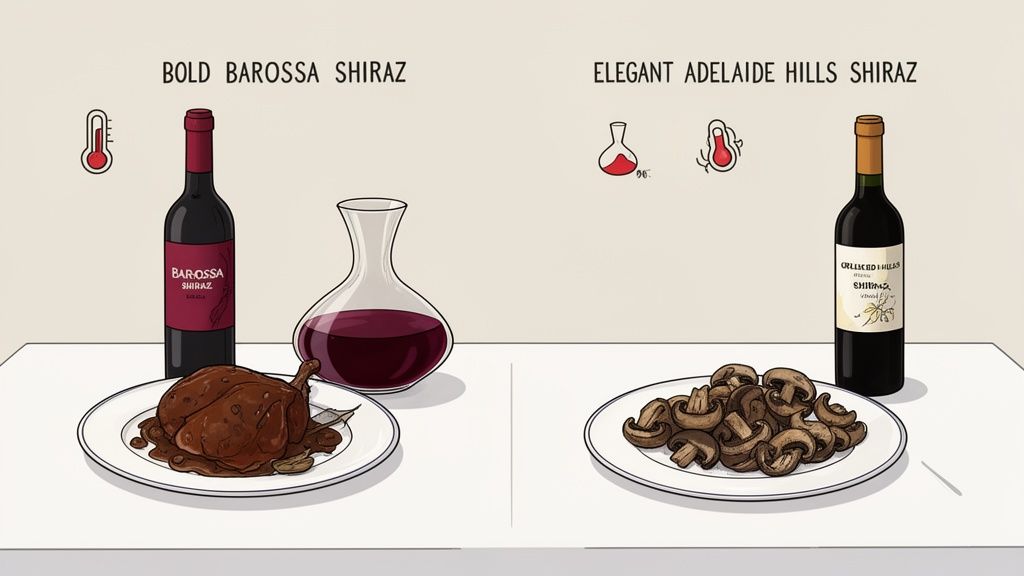 Two types of South Australian Shiraz wine, Barossa and Adelaide Hills, paired with different dishes.