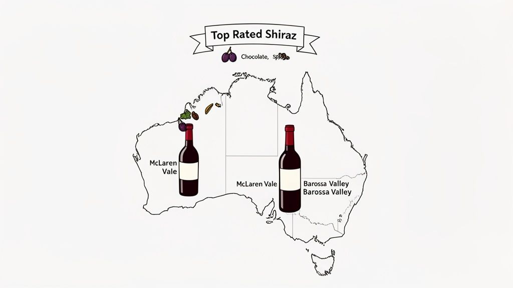 Map of Australia illustrating top-rated Shiraz wine regions: McLaren Vale and Barossa Valley, highlighting flavor profiles.