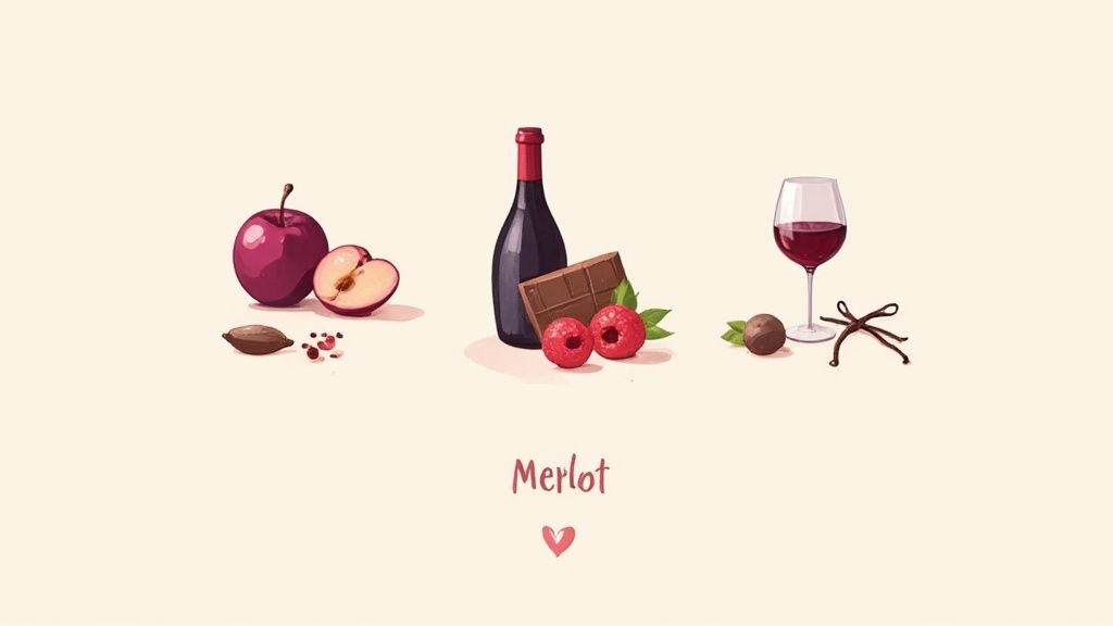 A single glass of ruby-red Merlot wine sits on a wooden barrel.