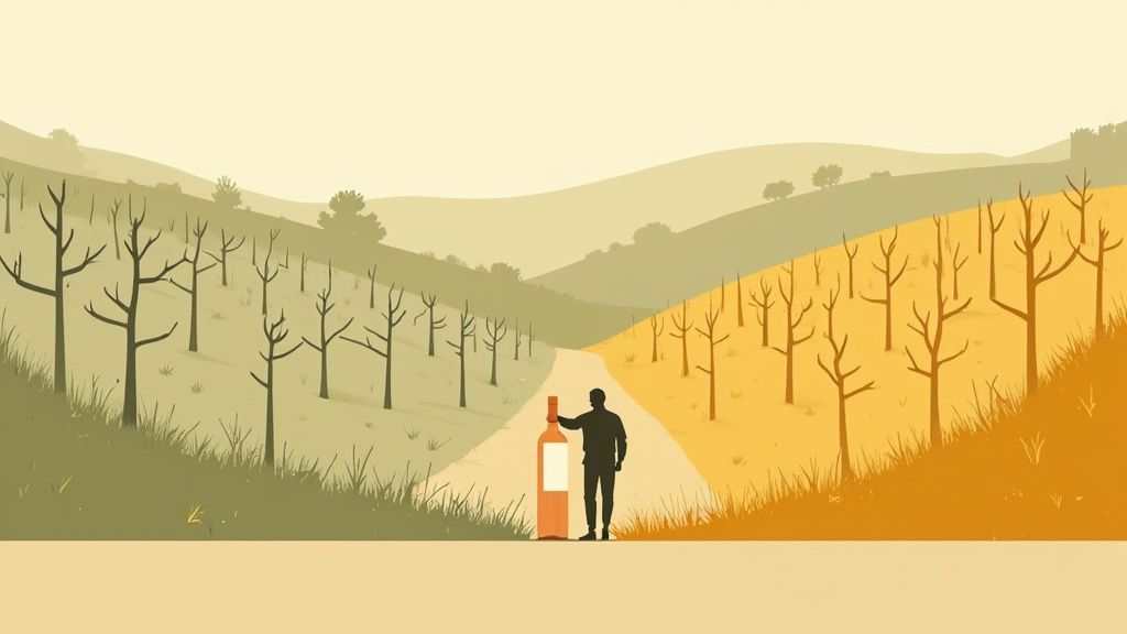 Person standing at crossroads between green and orange landscapes holding wine bottle illustration