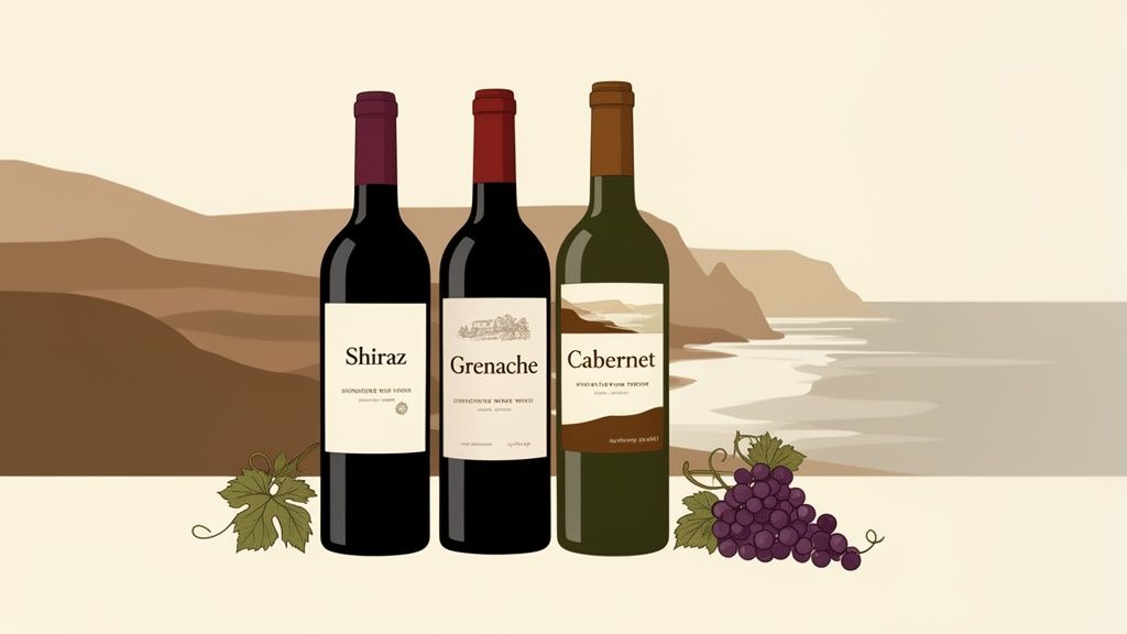 Three wine bottles (Shiraz, Grenache, Cabernet) with grapes, set against mountains and a coastline.