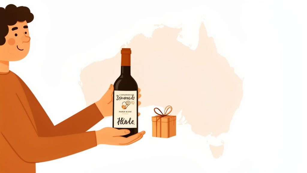 An illustration of a person holding a personalized wine bottle and a gift box, with an outline of Australia in the background.