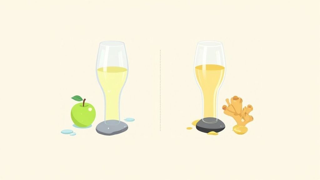 Two glasses of beverage, one with a green apple, the other with ginger root.