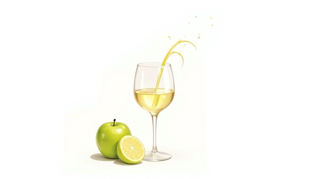A clear wine glass filled with yellow apple juice, next to a whole green apple and a sliced lime.