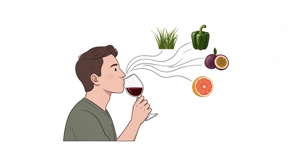 A person smells red wine, with aroma notes of grass, bell pepper, passion fruit, and grapefruit displayed.