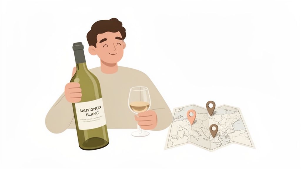 A smiling man holds a bottle of Sauvignon Blanc wine and a glass, next to a map with location pins.