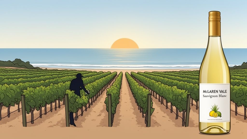 Vineyard by ocean at sunset with a person harvesting grapes and Sauvignon Blanc wine bottle.
