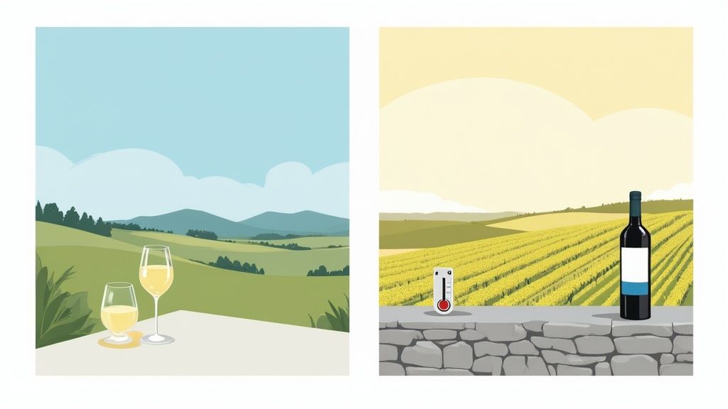 Illustrations depict serene wine country landscapes with wine glasses, a bottle, and a thermometer.