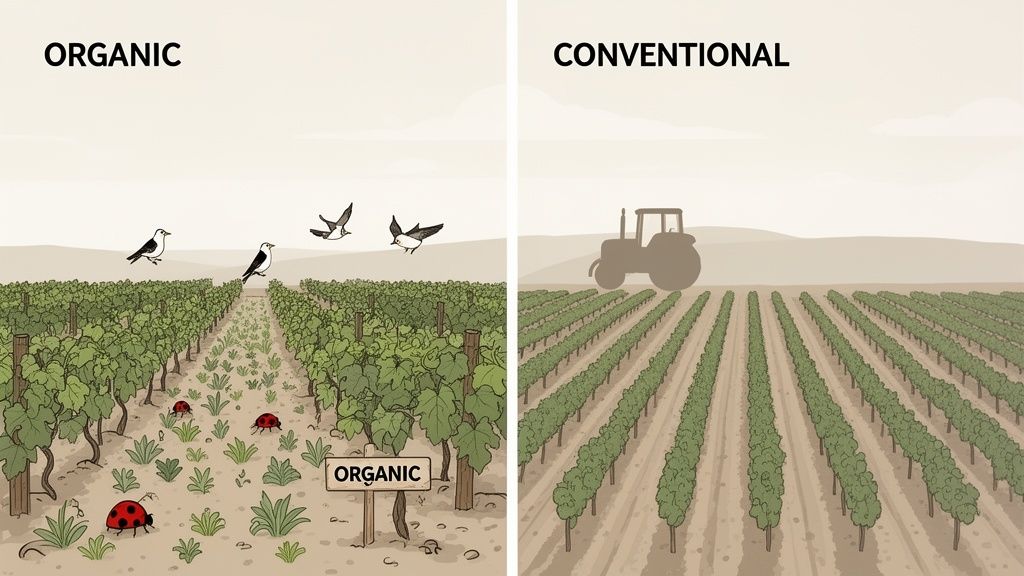 Illustration comparing organic and conventional vineyards, showing biodiversity in organic and uniform rows with a tractor in conventional.